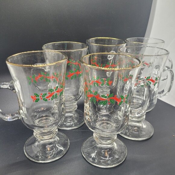 VTG Libbey Christmas Holly Berry Irish Coffee Mugs Glass footed Gold rim - Picture 2 of 6